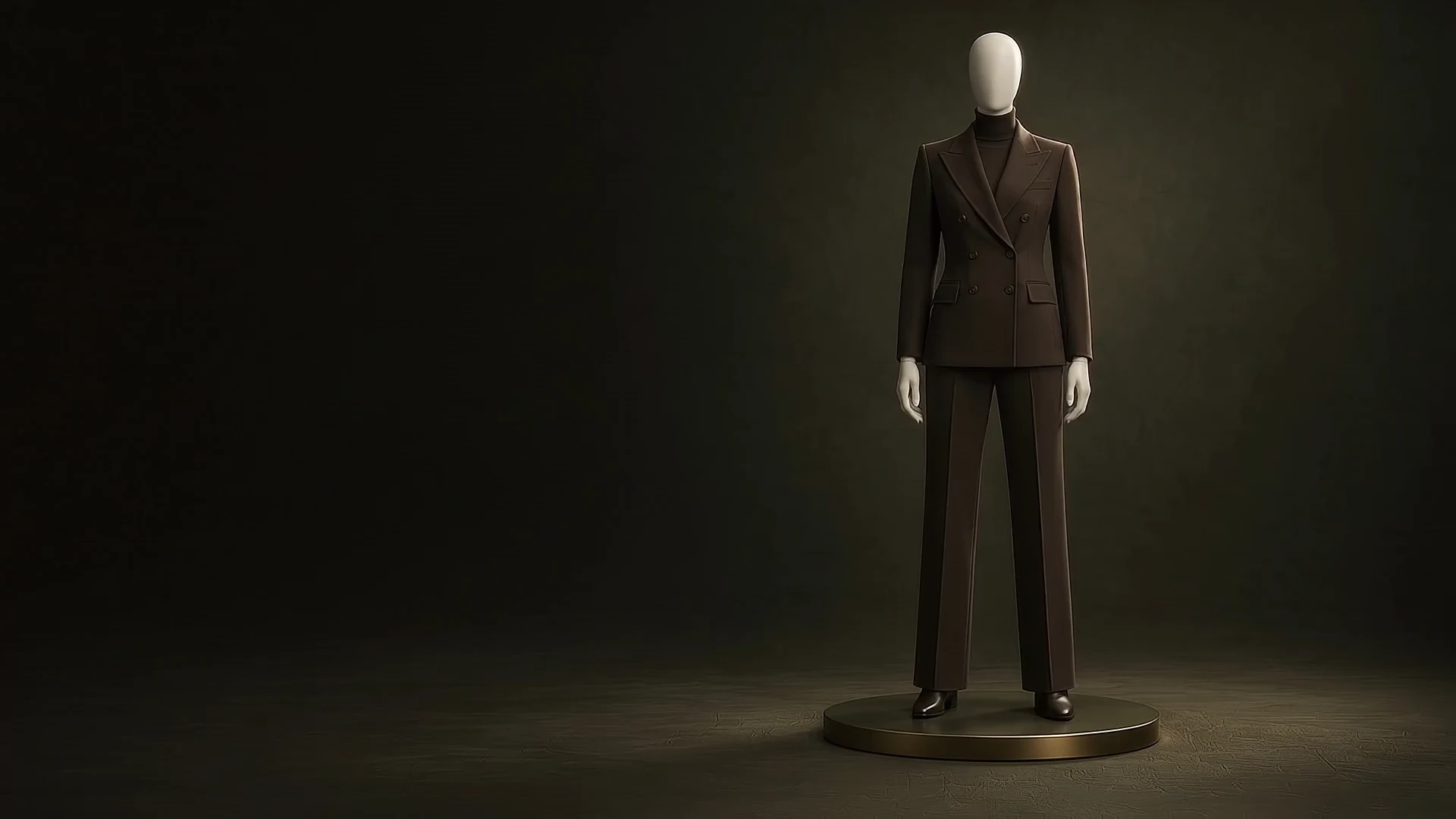 A mannequin in a tailored dark suit demonstrates editorial modelling poses.